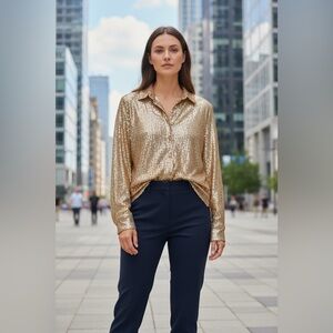 BRAND NEW. Sassy and Elegant Gold Sequin Long Sleeve Blouse